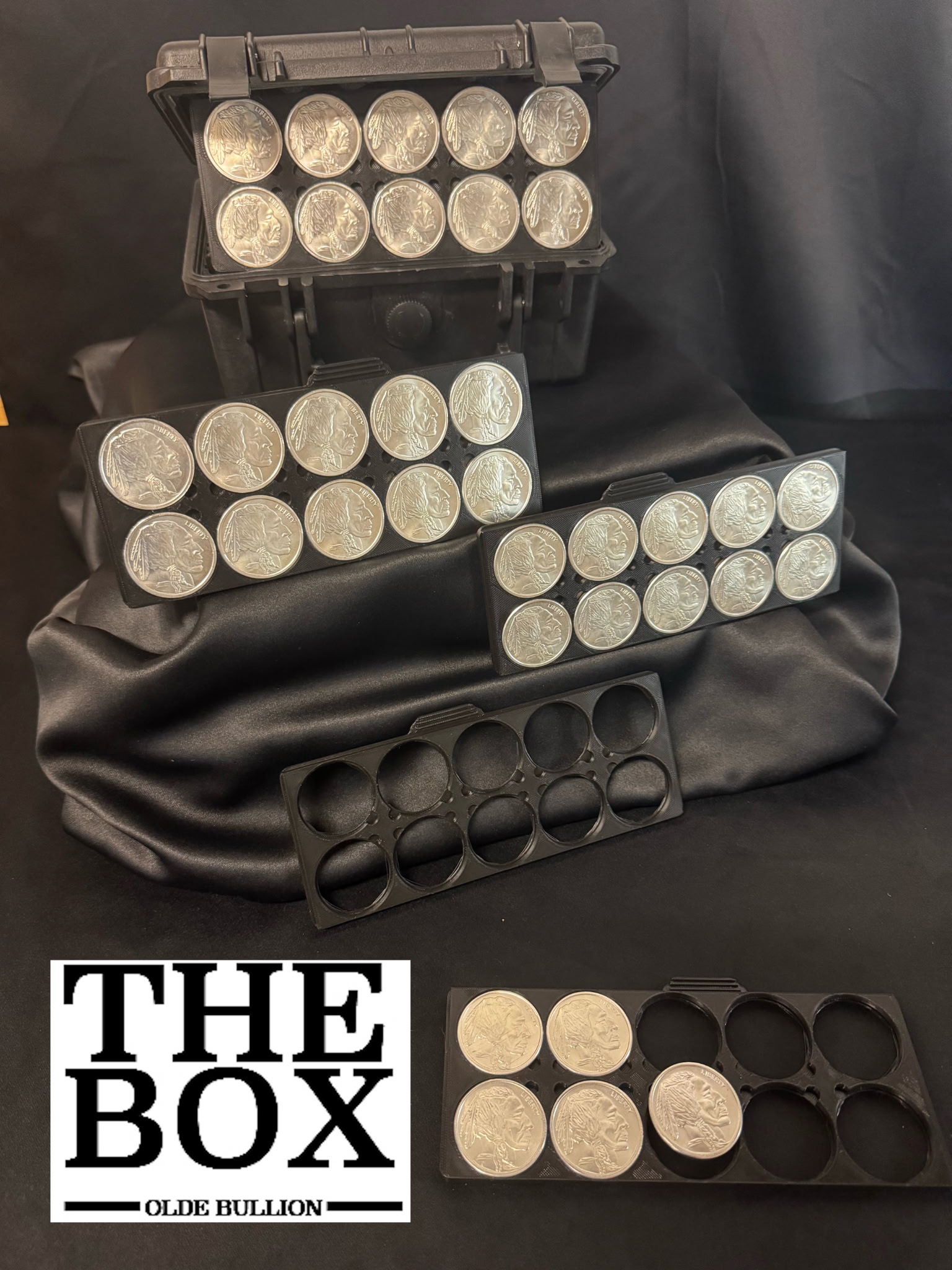 Olde Bullion product photo showing The Box and coin trays